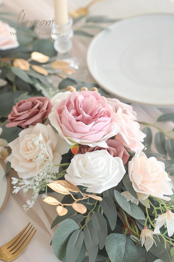 Floroom 6ft Artificial Eucalyptus Garland with Flowers Fake Greenery Faux Floral Vine Garland for Table Decor Wedding Centerpieces Bridal Shower Party Decorations, Garden Dusty Rose - Image 3