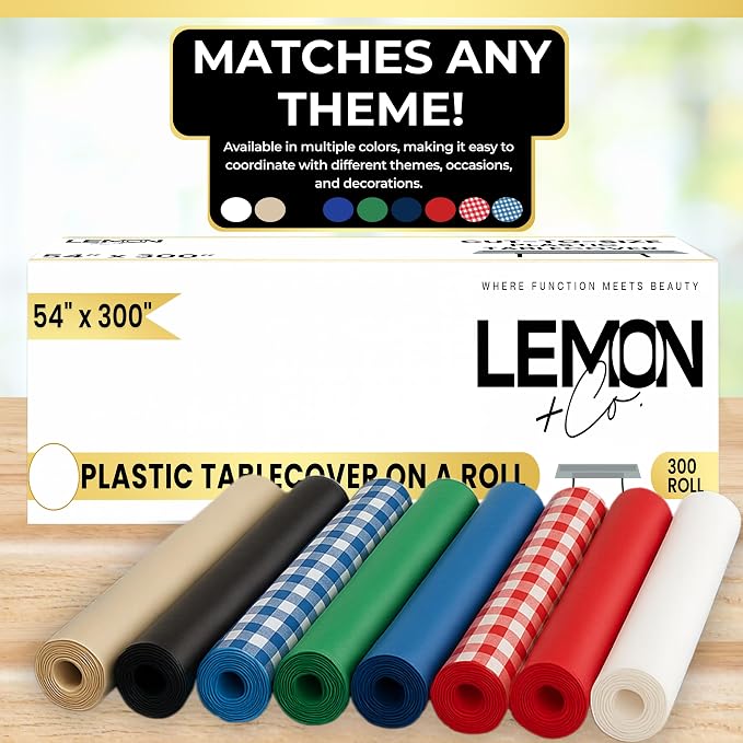 LEMON + Co. Orange Premium Plastic Tablecloth Roll - 54" x300' for Parties with Cutter Box - Cut to Size Rectangle & Round Disposable Tablecloth Plastic Table Cover - Image 5