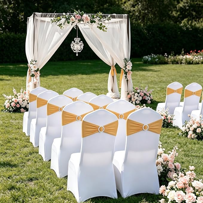 LEBENGURU Gold Stretch Chair Sashes 100pcs with Buckle Slider - Image 3