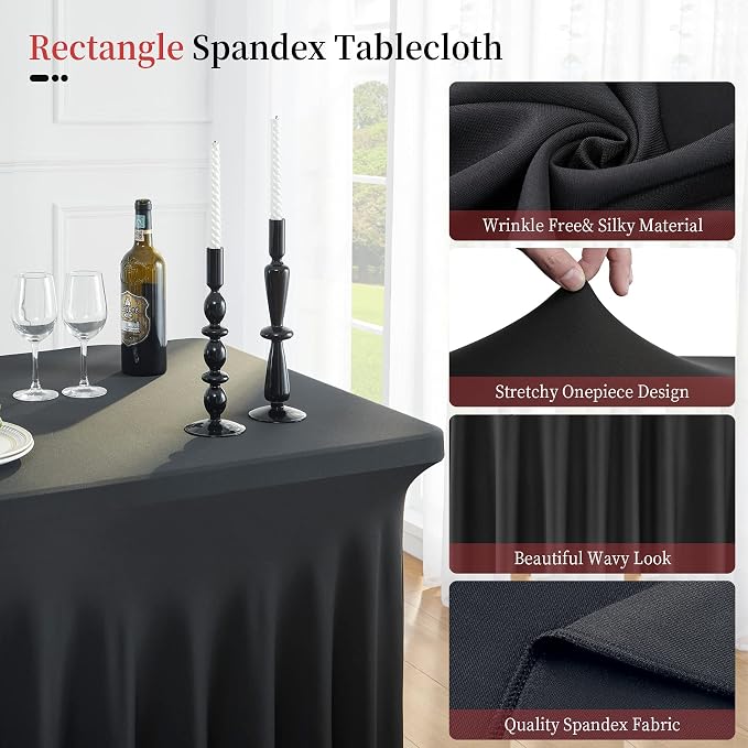 Outpain 2 Pack Black Table Clothes for 8 Foot Rectangle Tables, One-Piece Wrinkle Resistant Stretch Spandex Table Covers with Skirt for Event Banquet Wedding Birthday Party - Image 2