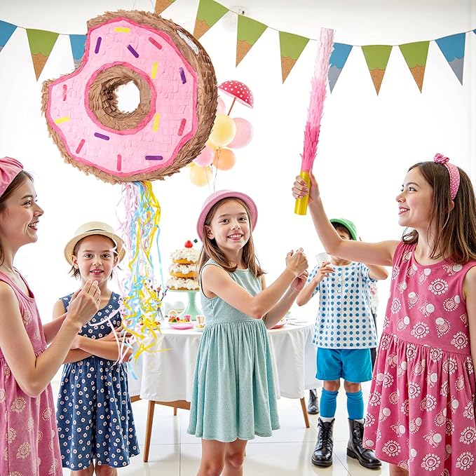 WERNNSAI Donut Piñata - Pink Donut Pinata with String Birthday Party Decorations Piñata with Stick Blindfold for Girls Kids Dount Pull String Pinata Family Games Birthday Party Supplies