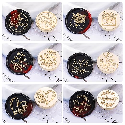 SWANGSA Blessing Wax Seal Stamp Gift Box Set, Vintage 6 Sealing Stamp Heads and 1 Wooden Hilt for Wedding, Party Invitations, Envelops, Christmas Cards and Gift (Phrases Kit)