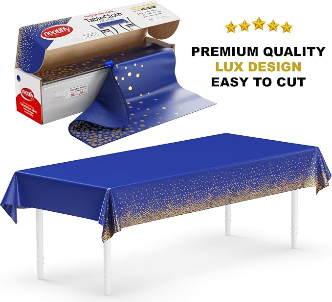 Neatiffy Disposable Plastic Table Cloth Roll with Slide Cutter | Waterproof Cover for Rectangle, Square, Oval Tables | Picnic, Party, Banquet, Birthdays, Weddings - Blue with Gold Dots - Image 7