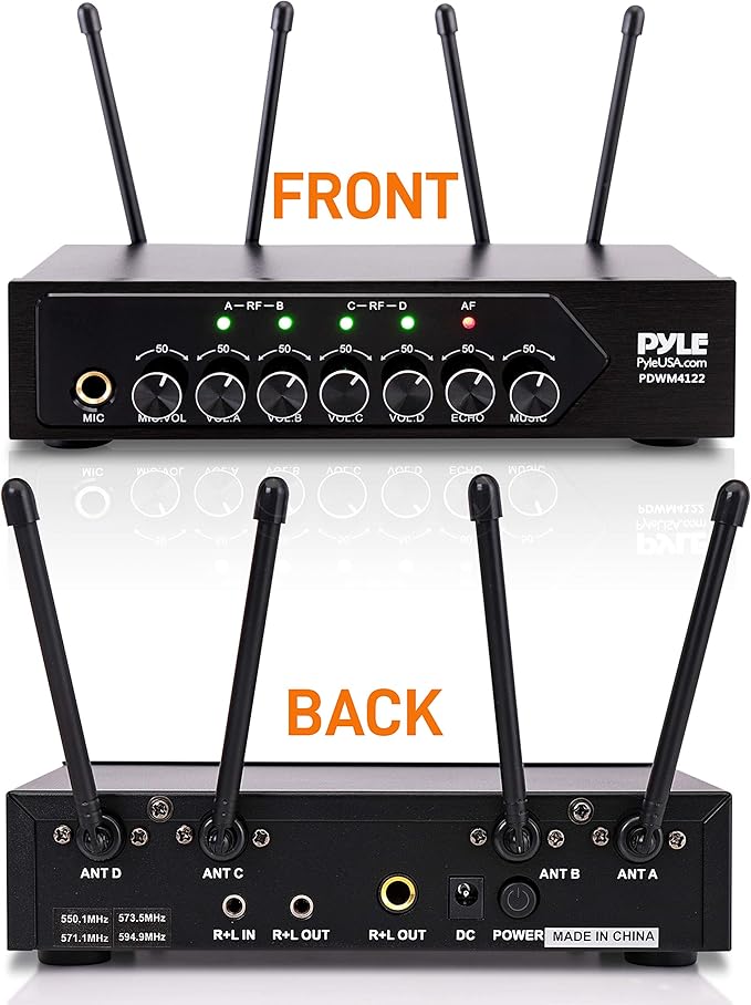 Pyle Portable UHF Wireless Microphone System - Battery Operated Four Bluetooth Cordless Microphone Set with 50 Channels Selectable Frequency, Receiver Base, AUX, for PA Karaoke DJ Party -PDWM4122