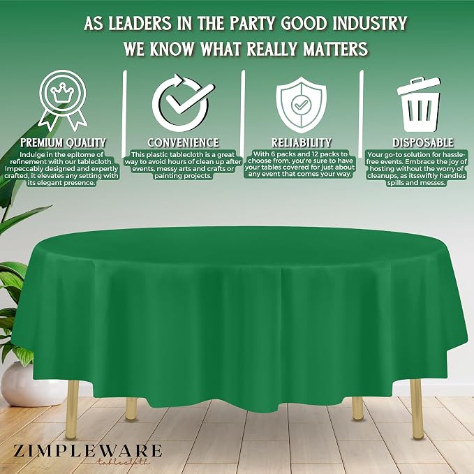 ZIMPLEWARE Green Standard Disposable Plastic Party Tablecloth [Case of 72] 84 x 84” Round Table Cover for Indoor & Outdoor Use - Image 4