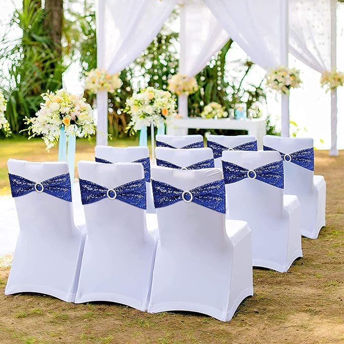 Sequin Chair Sashes Spandex, Pack of 50 Sequin Stretch with Buckle Chair Bands for Wedding Banquet Birthday Graduation Party Anniversary Prom Celebration Chair Decorations (Blue, 50pcs) - Image 2