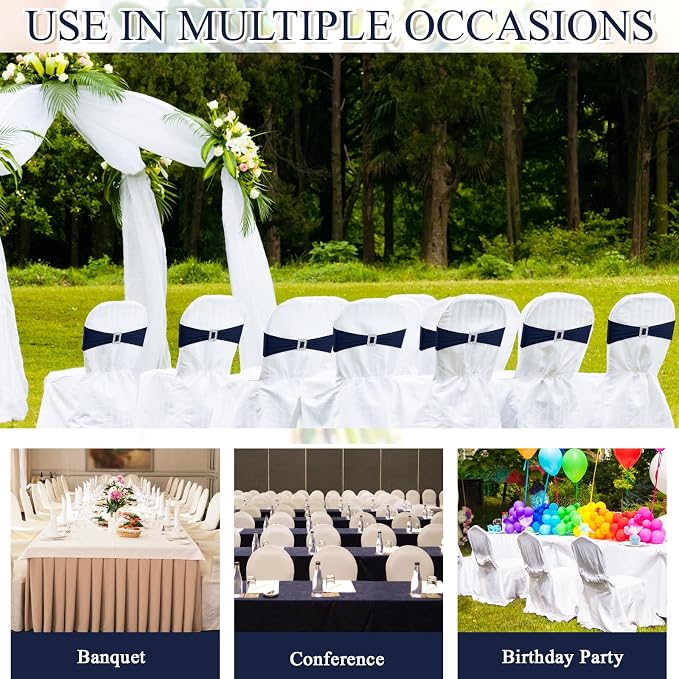 VitalCozy 100 Pcs Spandex Chair Sashes Wedding, Square Buckle, Navy Blue - Image 7