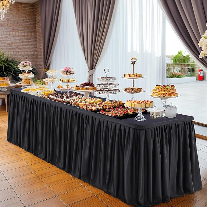 Wish Care Black Table Clothes for Rectangle Tables 6ft, Wrinkle Resistant Fitted Table Cloth with Pleated Ruffle Skirts for Banquet Wedding Baby Shower Folding Tables - Image 3