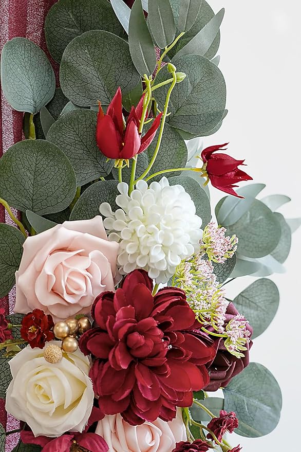 Olalaka Burgundy Artificial Wedding Arch Flowers Kit (Pack of 3) with 26Ft Burgundy Shiny Arch Draping Fabric for DIY Wedding Party Ceremony Reception Backdrop Floral Decoration - Image 7