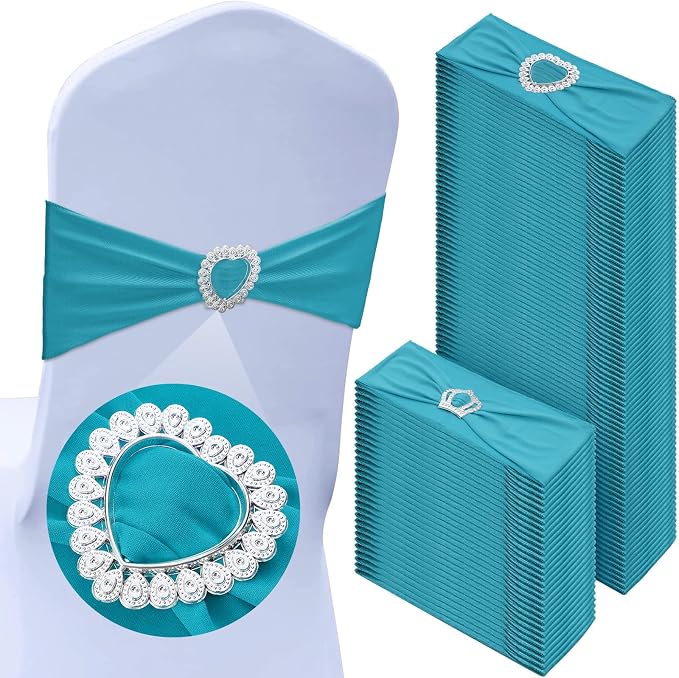 VitalCozy 100 Pcs Spandex Chair Sashes with Heart Buckle Slider,Turquoise by VitalCozy