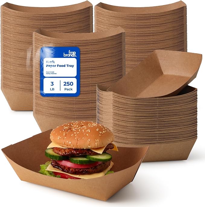 Fit Meal Prep [250 Pack 3 lb Paper Food Boats Heavy Duty Disposable Food Trays, Kraft Brown Nacho Tray for Parties Fairs Picnics Carnivals Holds Tacos Nachos Fries Hot Dogs Grease Resistant by FMPBRANDS