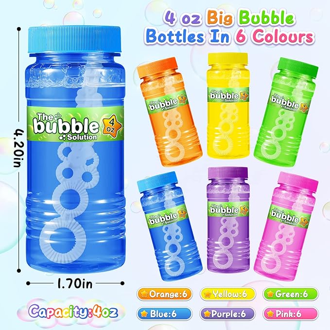 V-Opitos 36 Pack Bubble Bottles with Wands in 6 Colors, 4oz Bubbles Solution, Bubble Party Favors for Kids, Birthday, School Classroom Prizes for Boys & Girls, Ideal Goodies Bag Stuffers