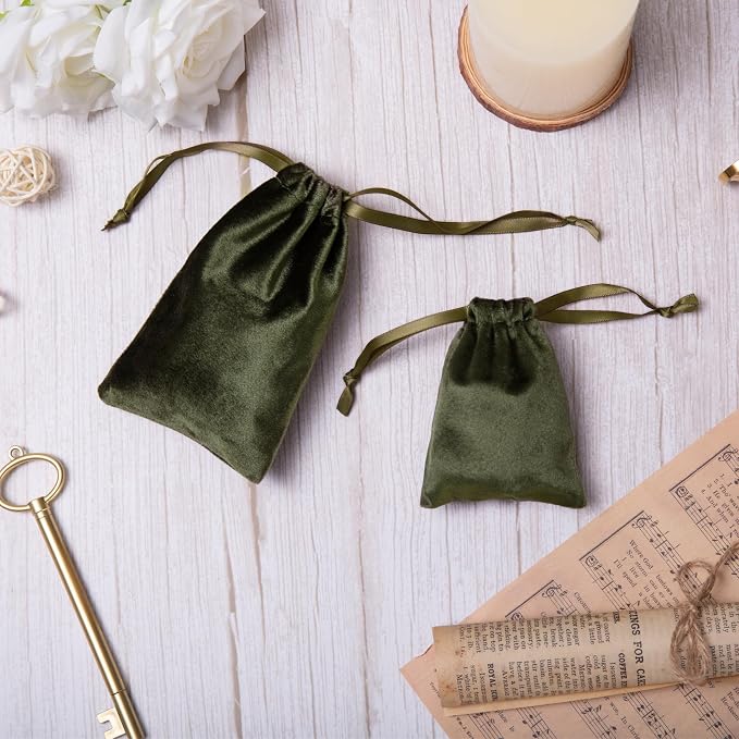 QIANF 12pcs Moss Green Velvet Drawstring Bags 3x4 inches Glossy Small Velvet Cloth Gift Bags Jewelry Pouches for Jewelry Storage Wedding Party Favor Christmas (Pack of 2) - Image 5