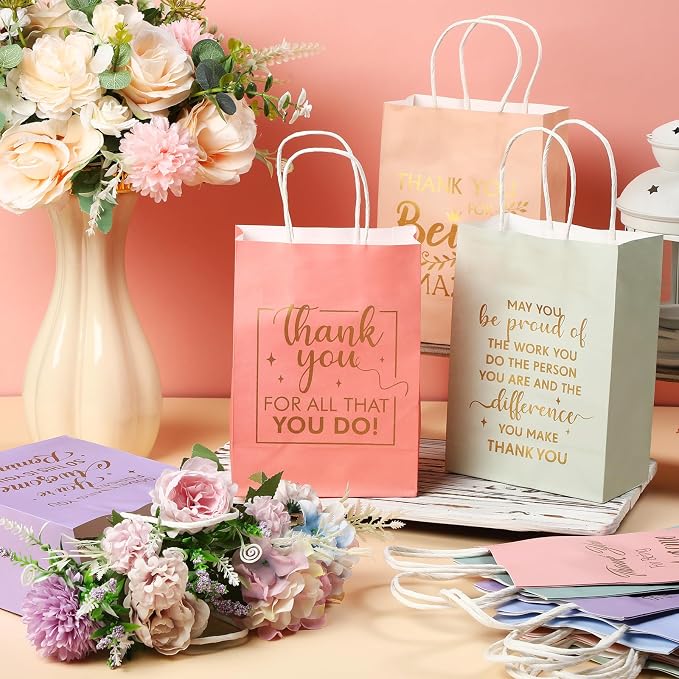 Engrowtic 100 Pcs Thank You Gift Bags with Handles Bulk, Pastel Color | Kraft Paper Bag, 8.3 x 3.1 x 6 Inch, Employee Appreciation Gift, Coworker Nurse Teacher Staff Business Wedding - Image 5