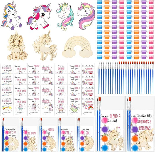 Leinuosen 28 Sets Unicorn Party Favors Wood Painting Craft Kits with Art Supplies and Inspirational Cards Thank You for Coming Gifts for Summer Birthday Party Goodie Bag DIY Prizes