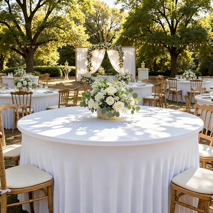 Fitted White Spandex Table Skirts for Wedding Party,60 Inch Round,4 Pack | Spandex Table Covers, For 5 Ft Wedding Cake Tables, Wrinkle Resistant, Ruffle Design Banquets, Baby Showers, Parties - Image 2