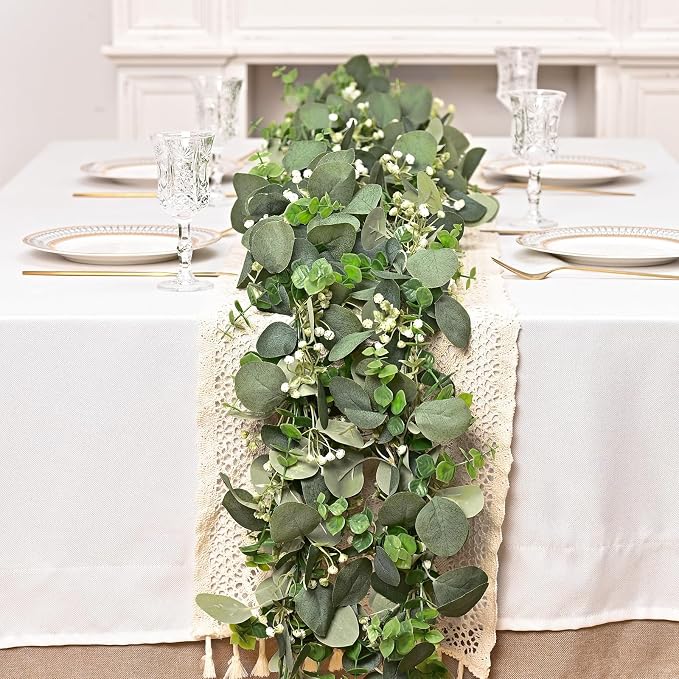 Dolicer 10 Packs 6FT Artificial Eucalyptus Garland Faux Greenery Garland | Fake Vines Hanging Silver Dollar Eucalyptus Leaves with White Seed for Wedding Backdrop Arch Table Wall Party Home Decor - Image 4