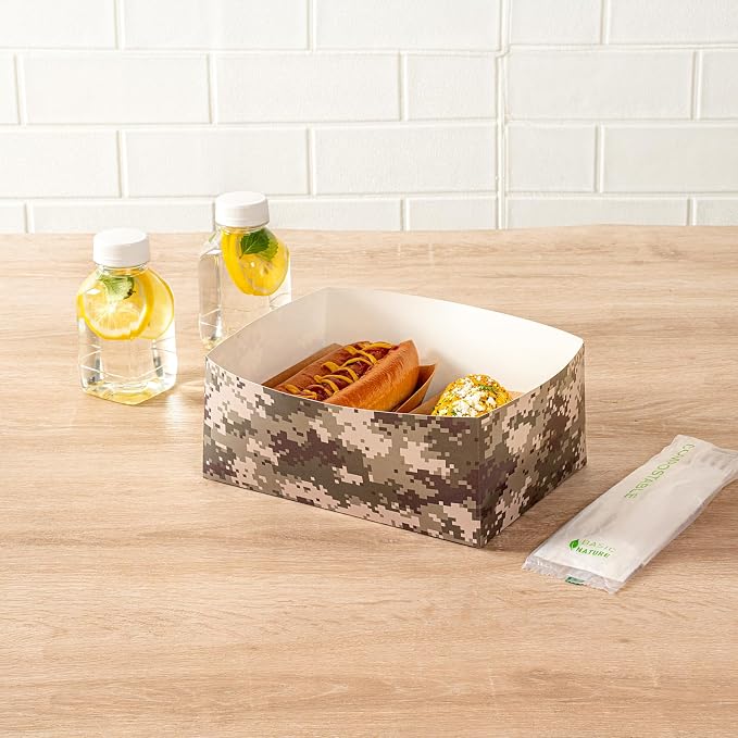 Restaurantware Bio Tek 8.4 x 6.1 x 3.5 Inch Burger Trays 100 Disposable Paper Food Trays - Sustainable Sturdy Camouflage Paper Movie Snack Trays For Meals Snacks And Baked Goods - Image 2