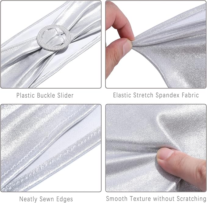 Dimatic Spandex Chair Sashes Bands 100PCS Stretch Chair Cover Ties Bows with Buckle Slider Wedding Party Reception Banquet Decoration (Metallic - Silver) - Image 4