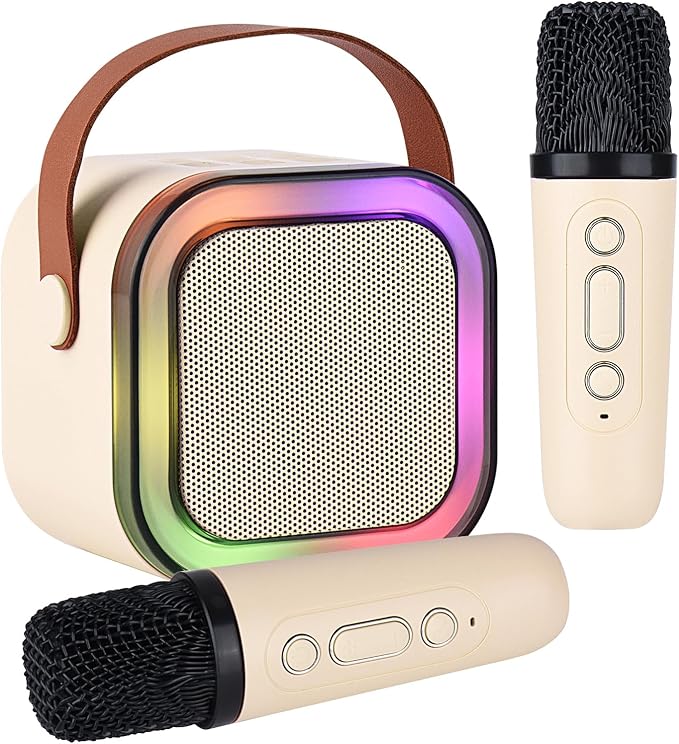 Karaoke Machine for Kids Adults, Mini Portable Bluetooth Karaoke Speaker with 2 Wireless Microphone and Lights,Toys for All Smartphones,Birthday, Family,Home Party Beige