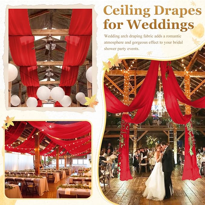 MODFUNS 4 Panels Red Ceiling Drapes 5FTx20FT Chiffon Fabric Draping Fabric Sheer Wedding Ceiling Drapery Chiffon Curtains for Backdrop Swag Drape Curtains for Wedding Arches Anniversary Tent Draping - Image 6