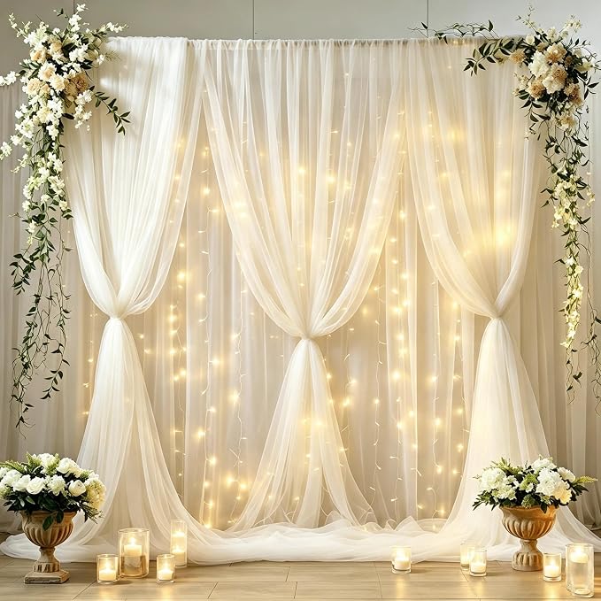 30ft x 8ft Ivory Backdrop Curtain Panels with Lights String for Parties, Sheer Tulle Wedding Backdrop Drapes for Baby Shower Birthday Party Home Decorations by Shillance