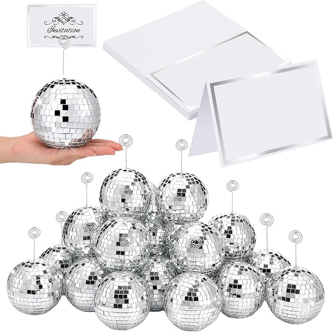 Maitys 20 Set Disco Ball Table Number Holders Silver,60pcs/20 Set,4 Inch | Swirl Wire Clips for Place Cards, Name Tags, Photo Stand, Wedding Bachelorette Party Decor, Includes 40 Blanks for Guests by Maitys