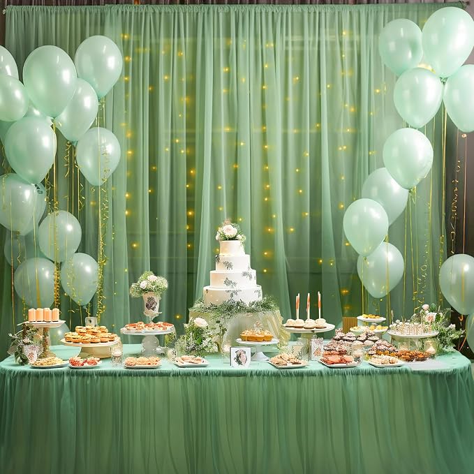 10ft x 8ft Green Backdrop Curtain with Lights String for Parties, Sheer Tulle Wedding Photo Backdrops Drapes for Baby Shower Birthday Party Decorations Background for Photography - Image 3