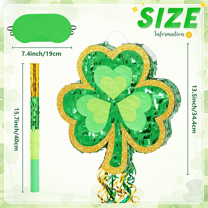 WERNNSAI St Patricks Day Pinata - St Patricks Day Party Game Green Shamrock Decorations for Festival Celebrations Supply Summer Lucky Charm Decor with Bat Blindfold