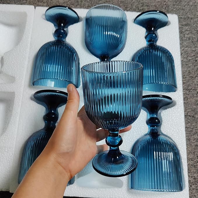 Blue Glasses Drinking Water Goblets set of 6 Big Vintage Glassware 13oz Colored Wine Glasses for Wedding Party Bar Vertical Line Embossed Pattern Stemmed Cups 400ml