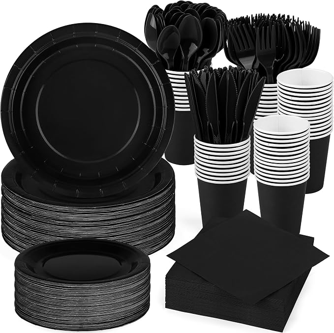 durony 350 Pieces Black Paper Dinnerware Set 7 Inch 9 Inch Disposable Dinner Plates Serve 50 Guests Paper Cup Cutlery Napkins Solid Color Party Supplies for Birthday Wedding Party Family Picnic by durony