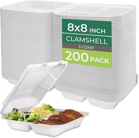 Freshware Clamshell Food Containers with Lids [8x8"] 3-Compartment 200-Pack, Disposable To Go Containers, Biodegradable Sugarcane To Go Boxes - Paper Containers - Microwave & Freezer Safe, Stackable by Freshware