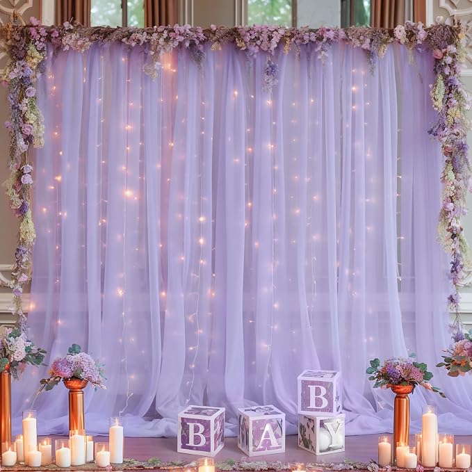 20ft x 10ft Purple Backdrop Curtain with Lights String for Parties, Sheer Tulle Wedding Photo Backdrops Drapes for Baby Shower Birthday Party Decorations Background for Photography - Image 6