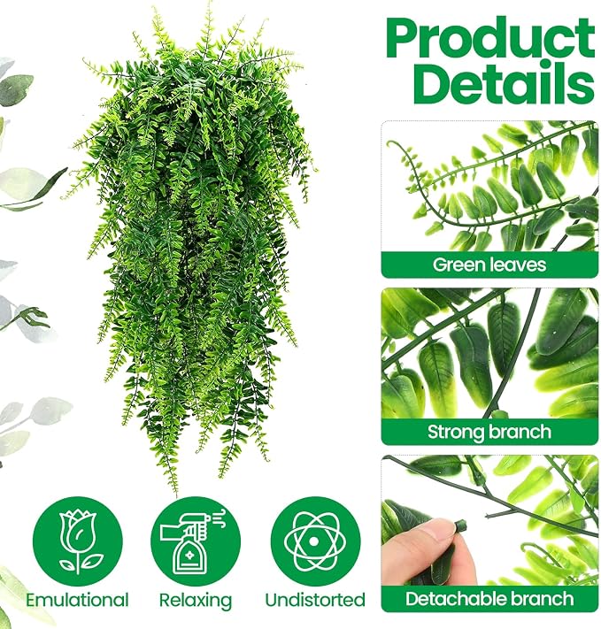 Geosar 12 Pcs Artificial Hanging Plants Boston Ferns 32 Inch Plastic | Fake Greenery for Wall Garden Wedding Garland, No Basket Easy Indoor Outdoor Hanging, Lifelike Fern Vines Cascading Effect - Image 3