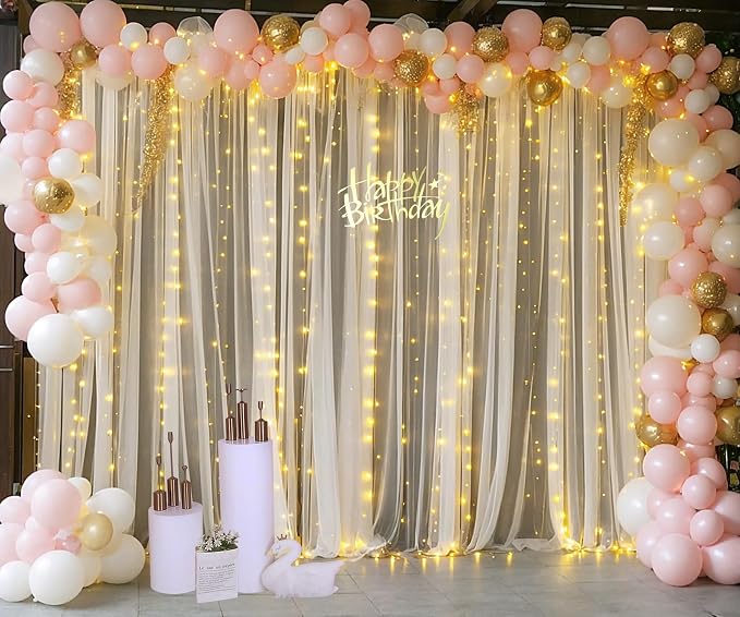 Champagne Backdrop Curtains with Lights String for Wedding Parties 10×10ft Sheer Tulle Backdrop Curtain for Bridal Shower Baby Shower Birthday Party Photo Shoot Decorations 2 Panels 5×10ft - Image 3