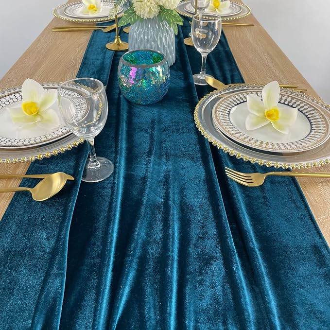 Luxurious Velvet Table Runner, 10ft Wedding Reception Decorations, 20x120inch Soft Velvet Fabric, Table Linen Overlay, Wedding Table Runners (Peacock Blue, 20X120inch) - Image 7