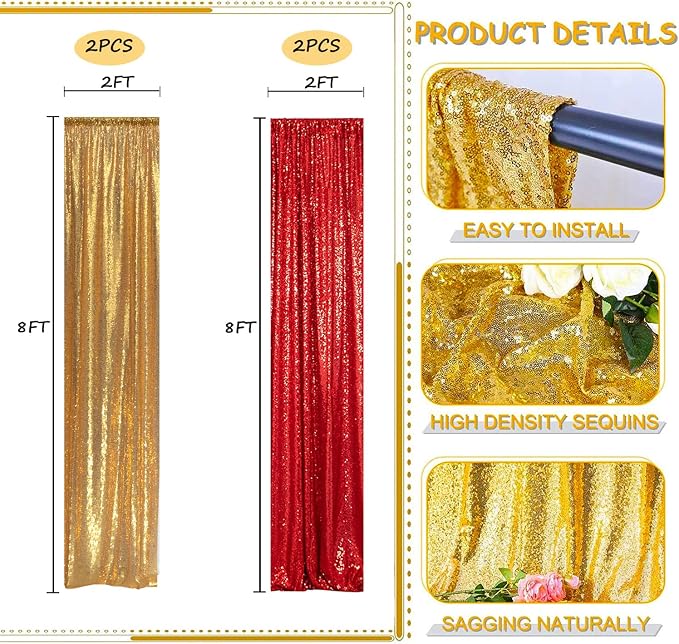 Sequin Backdrop Curtain 4 Panels 2FTx8FT Glitter Background Drapes Sparkle Photography Backdrop for Party Wedding Birthday Wall Decoration (Red× 2 and Gold×2) - Image 2