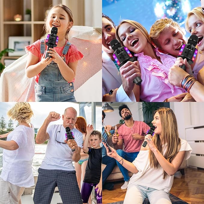 BONAOK Karaoke Microphone for Kids & Adults - Bluetooth Microphones Singing Mic with Disco Lights, Echo Effect, Built-in Speaker Portable Karaoke Player for Party Travel Gifts Q78(Black)