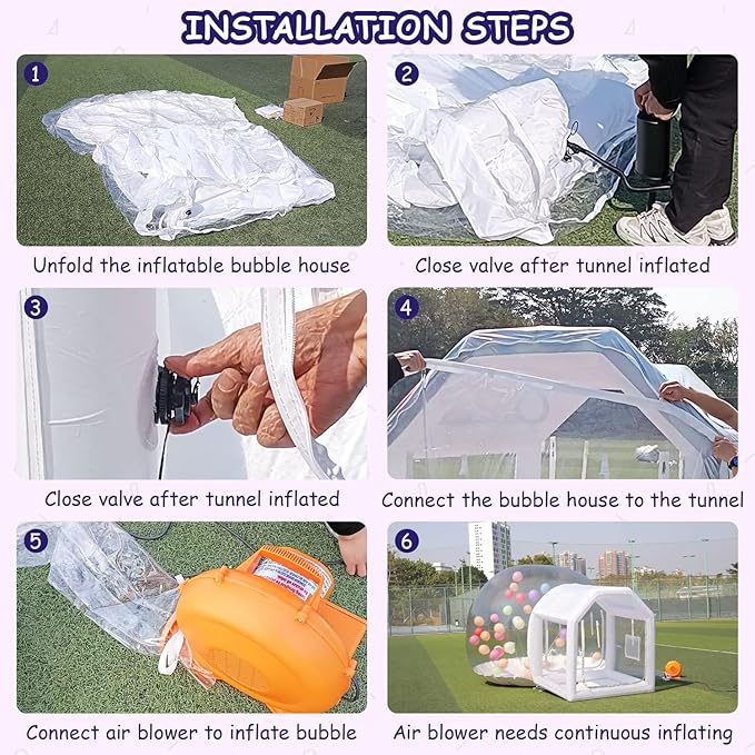 10ft Inflatable Bubble House Dome with Tunnel for Kids, Clear TPU Balloon Tent for Parties, Includes 450W Air Blower & 600W Air Pump