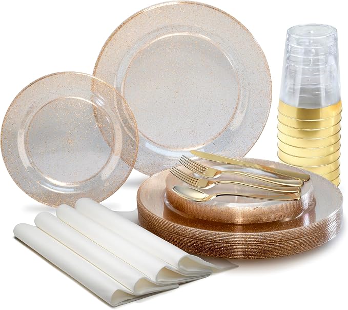 " OCCASIONS " 640pcs set (80 Guests)-Heavyweight Wedding Party Disposable Plastic Plate Set -80 x 10.5'' + 80 x 7.5'' + Silverware + Cups + Napkins (Seasons Clear w/Gold Glitter) by OCCASIONSFINESTPLASTICTABLEWARE