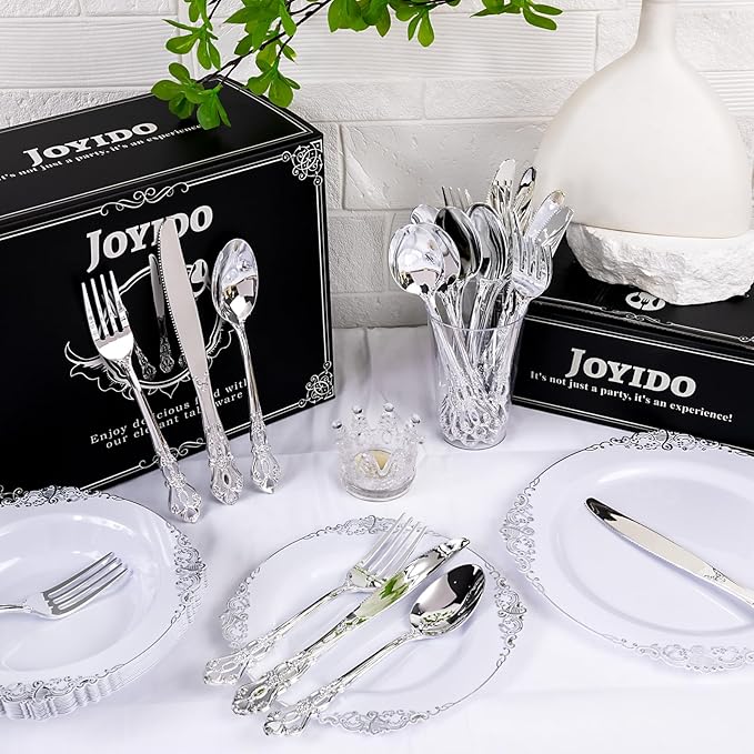 150PCS Silver Plastic Silverware - Heavy Duty Silver Disposable Cutlery - Fancy Plastic Utensils Flatware Include 50 Forks, 50 Spoons, 50 Knives for Catering, Parties, Dinners, Weddings