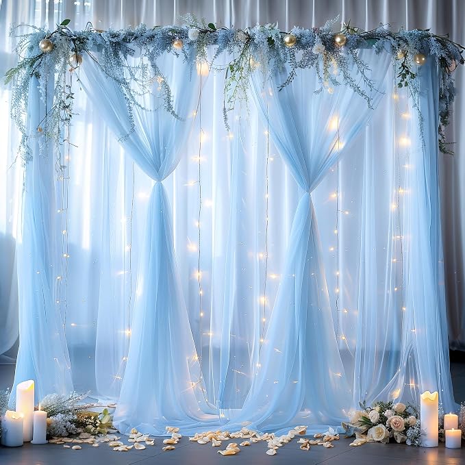 30ft x 10ft Blue Backdrop Curtain with Lights String for Parties, Sheer Tulle Wedding Photo Backdrops Drapes for Baby Shower Birthday Party Decorations Background for Photography by Shillance