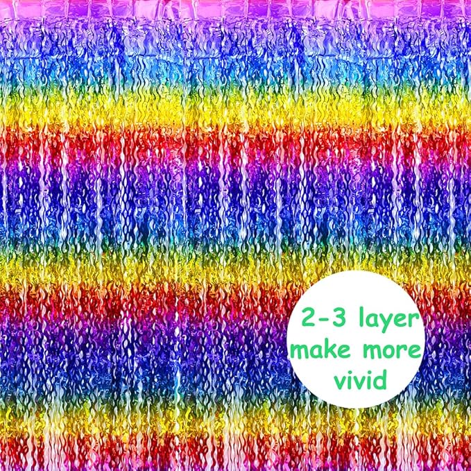 Rainbow Color Fringe Curtain Tinsel Streamer For Birthday Wedding Valentines Baby Shower, 4 Pack 6.56*3.28 FT Wave Metallic Tinsel Backdrop Party Streamers Backdrop Garland Photo Booth Door Decoration