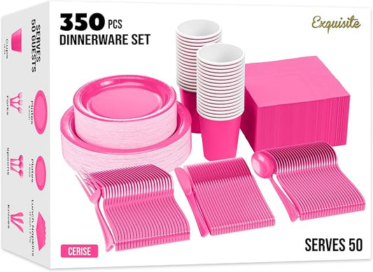 Exquisite Hot Pink Paper Plates Set 350 Pcs 50-9" & 50-7" Party Plates | Sturdy Paper Dinnerware Set With 9" & 7" Hot Pink Plates for Party, Dinners, Everyday & Birthday Supplies by Exquisite