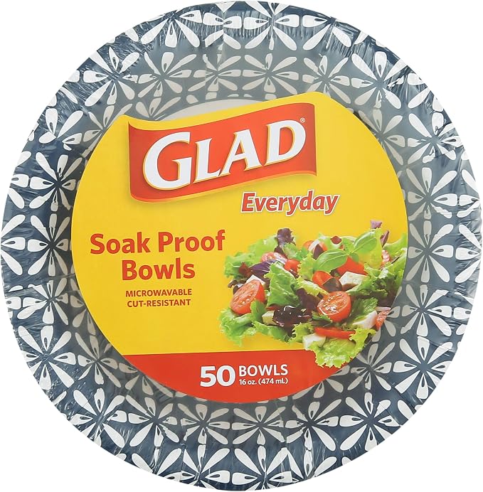 Glad Round Disposable Paper Bowls, Blue Mosaic Design - Heavy Duty, Soak-Proof, Cut-Resistant, Microwavable Paper Bowls for All Foods, Daily Use, and Special Occasions, 16 oz, 50 Count - 6 Pack - Image 9