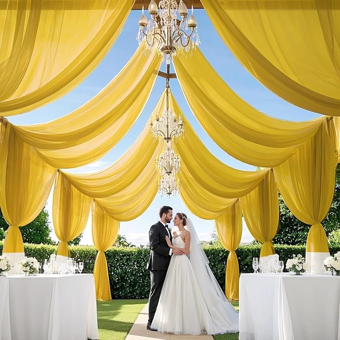 MODFUNS Ceiling Drapes for Parties Gold Sheer Wedding Arch Drapes 4 Panels 5x30ft Chiffon Fabric Ceiling Drapery Tulle Curtain for Backdrop Ceiling Draping Fabric for Party Wedding Hall Decor by MODFUNS