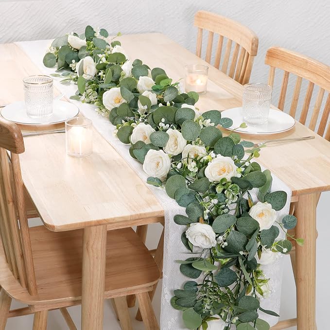 TOCHGREEN 2 Pack Artificial Eucalyptus Flower Garland with White Roses | Fake Rose Flower Greenery Garland Floral Vines for Wedding Centerpiece Backdrop Home Party Table Runner Decor - Image 2