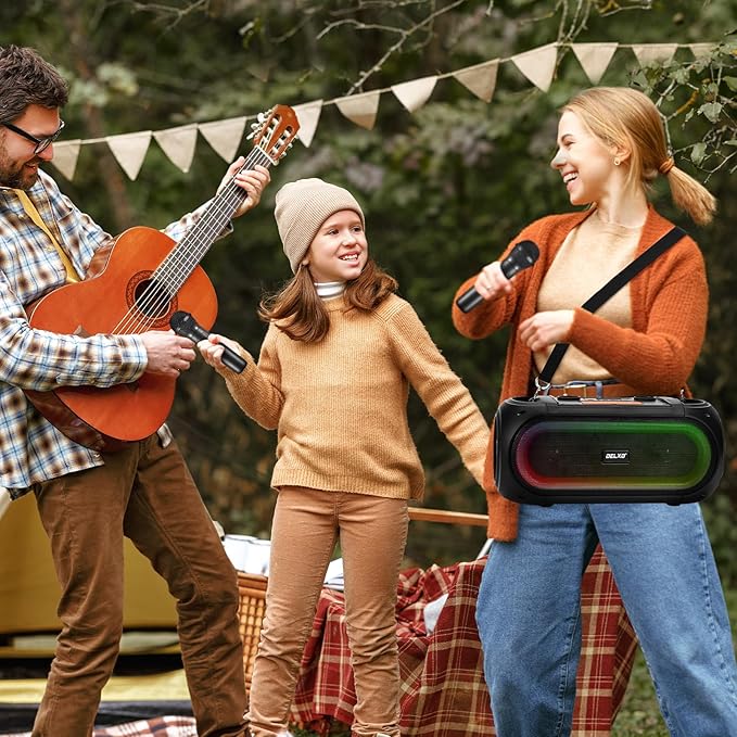 Delxo Karaoke Machine with 2 Wireless Microphones for Adult, Powerful Portable Bluetooth Speaker Loud for Party, PA System Remote Singing Machine with LED Lights, Support BT TWS USB TF, Gift