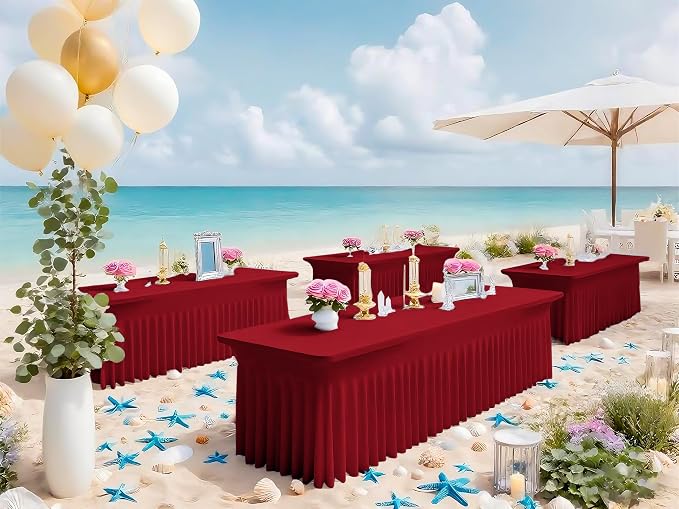 6 Packs Burgundy Spandex Table Clothes for 8 Ft Tables - Image 6