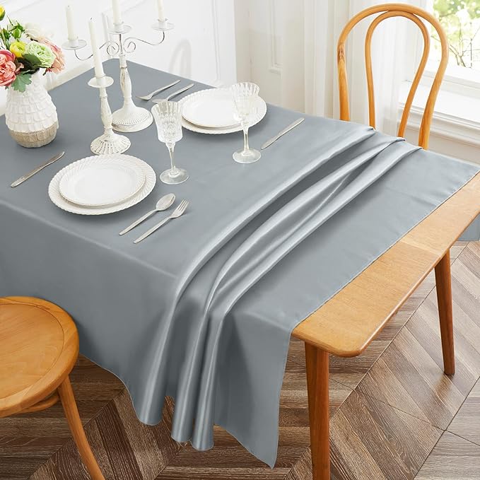 1 Pack Silver Satin Tablecloth, 58 x 102 Inches Rectangle Silver Table Cover, Smooth Fabric Satin Table Cloths, Luxury Silk Tablecloth for Party Wedding Dinner Restaurant